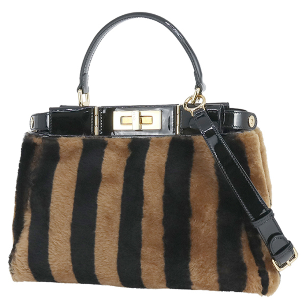 Fendi Peekaboo Regular Shearling Handbag Shoulder Bag Brown Black